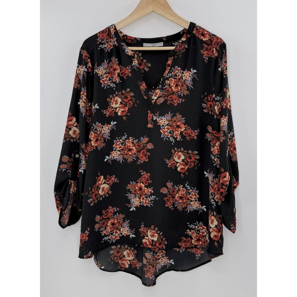 Daniel Rainn Plus Size‎ Black Red Floral Chiffon V-Neck Roll Tab Slv XXL Boho